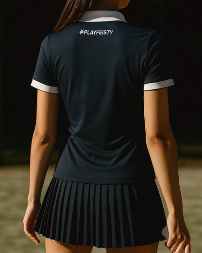 Women’s black padel polo and skirt set – back view