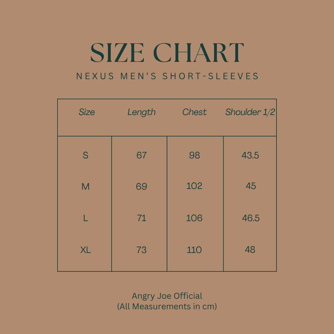 Size chart for Nexus Men's Short-Sleeves