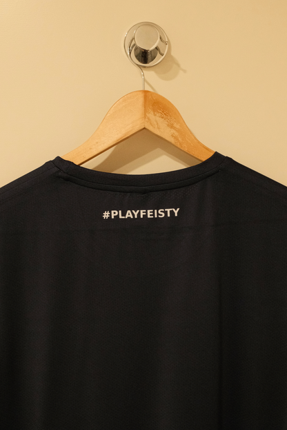 Men’s Apex navy blue padel T-shirt – back view zoomed