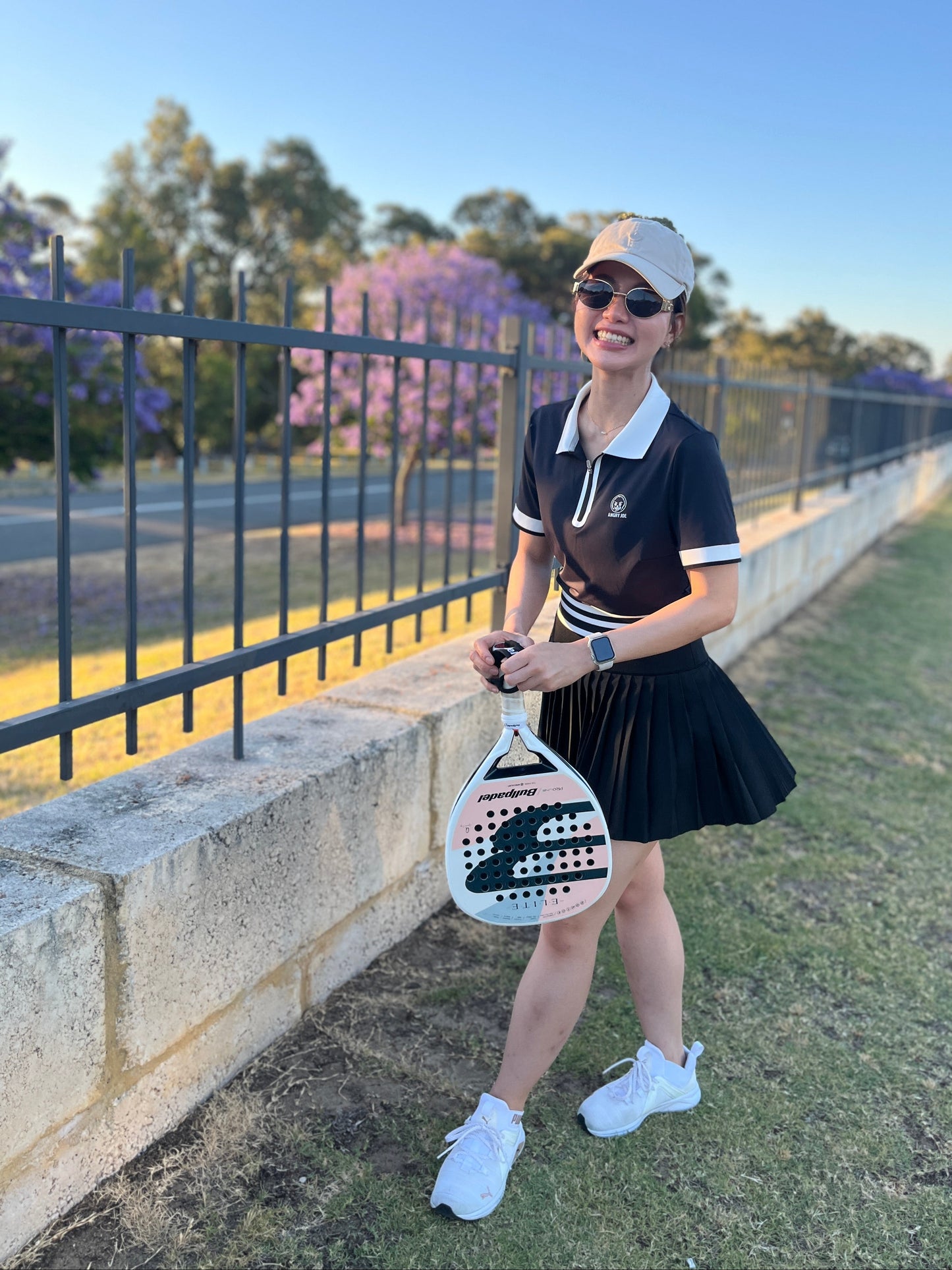 Women’s black padel polo and skirt set – real