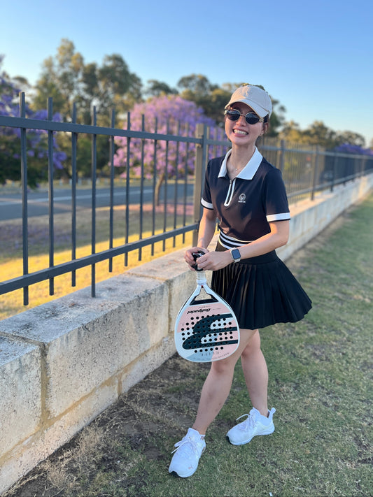 Women’s black padel polo and skirt set – real