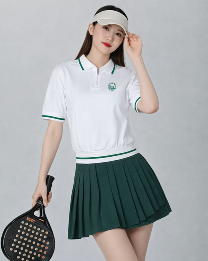 White Zenith Women's Padel Zip-Up Polo - Front View